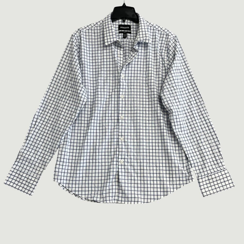 Bonobos Slim Fit Men's XL Button-Up Tech Shirt White Blue Plaid G1878